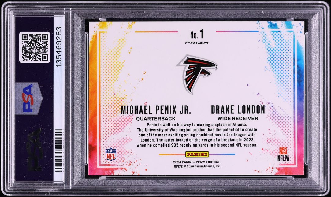 2024 Panini Prizm Color Blast Duals Michael Penix Jr. & Drake London ROOKIE #1 PSA AUTH