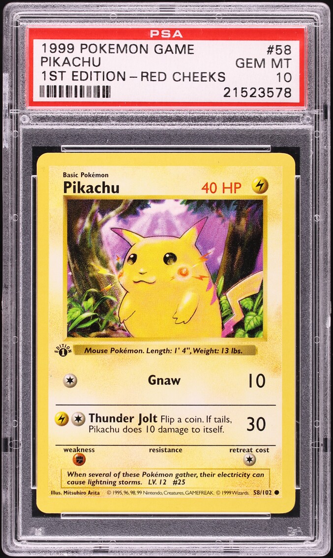 1999 Pokemon Base Set Shadowless 1st Edition Red Cheeks Pikachu #58 PSA 10 GEM MINT