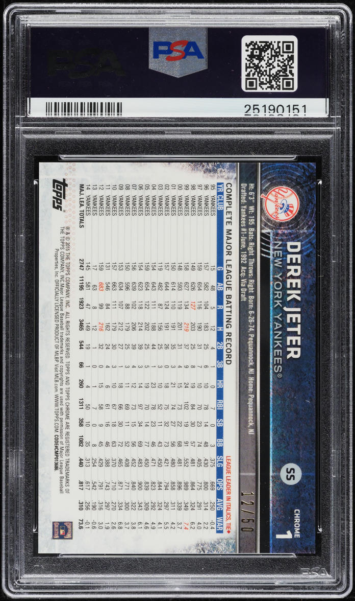 2015 Topps Chrome Gold Refractor Derek Jeter /50 #1 PSA 10 GEM MINT