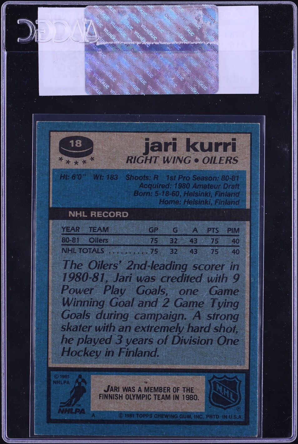 1981 Topps Hockey Jari Kurri ROOKIE #18 CGC AUTH