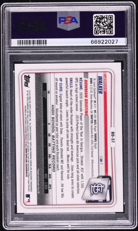 2020 Bowman Chrome Draft Purple Refractor Jordan Walker PROSPECT /250 #BD-57 PSA 9 MINT