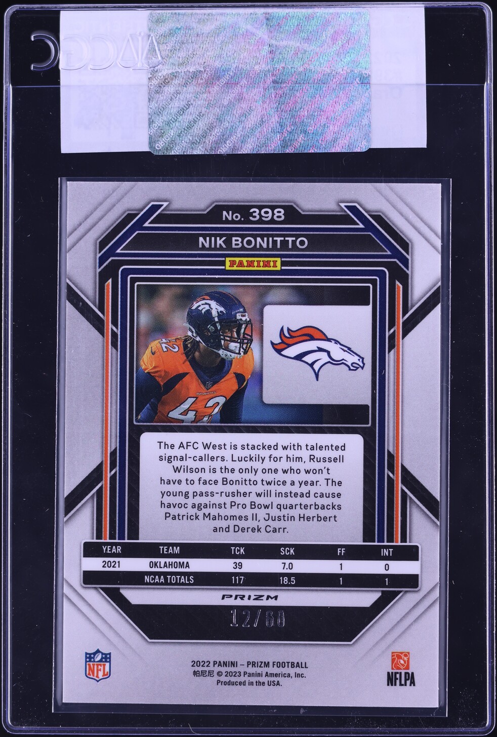 2022 Panini Prizm Orange Wave Nik Bonitto ROOKIE /60 #398 CGC AUTH