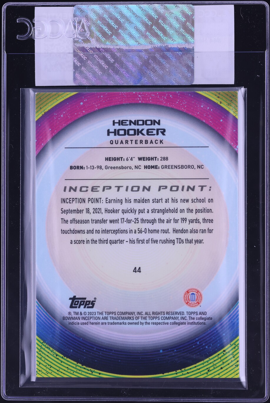 2022 Bowman University Inception Hendon Hooker ROOKIE #44 CGC AUTH