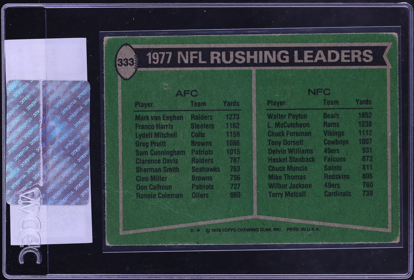 1978 Topps Football Mark Van Eeghen Walter Payton #333 CGC AUTH
