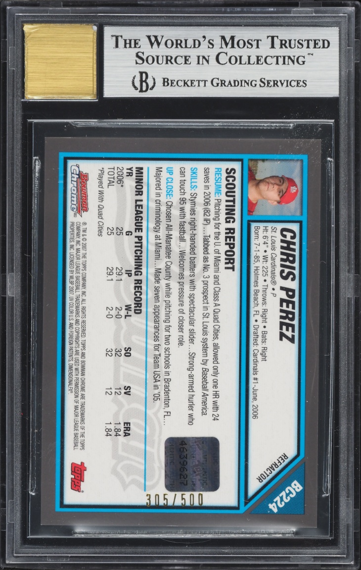 2007 Bowman Chrome Refractors Chris Perez PROSPECT AUTO /500 #BC224 BGS 9 MINT