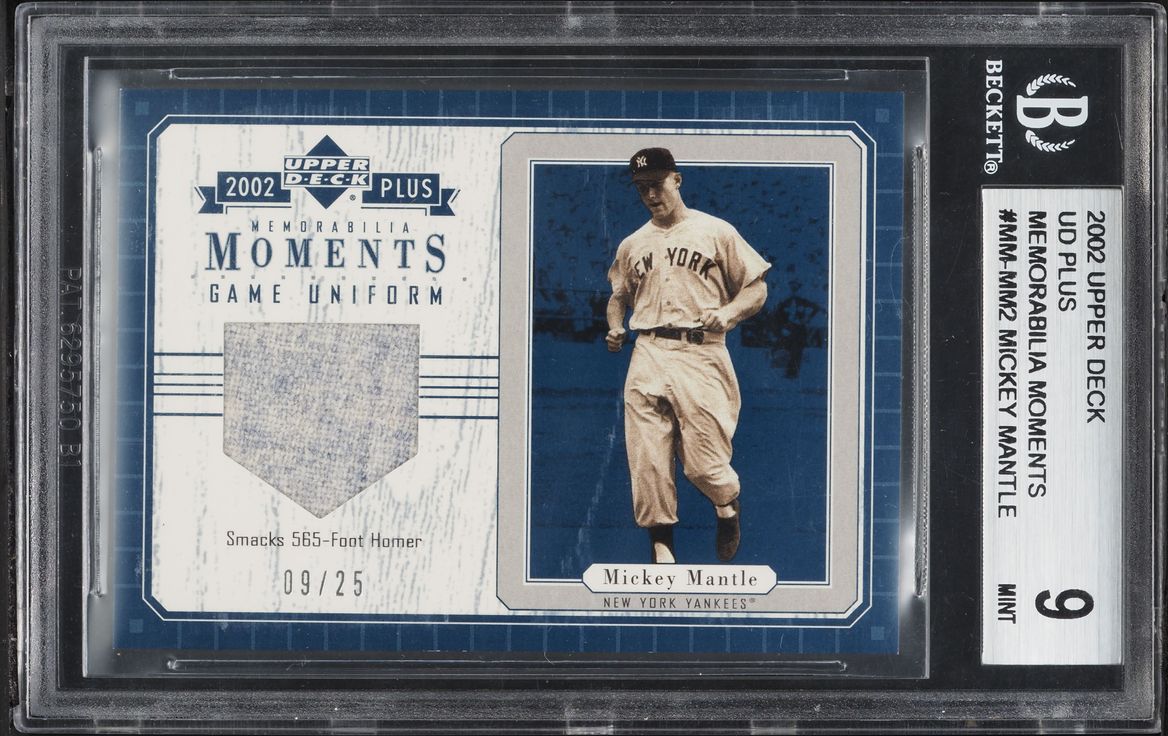 2002 Upper Deck Plus Memorabilia Moments Uniform Mickey Mantle PATCH /25 #MM-MM2 BGS 9 MINT