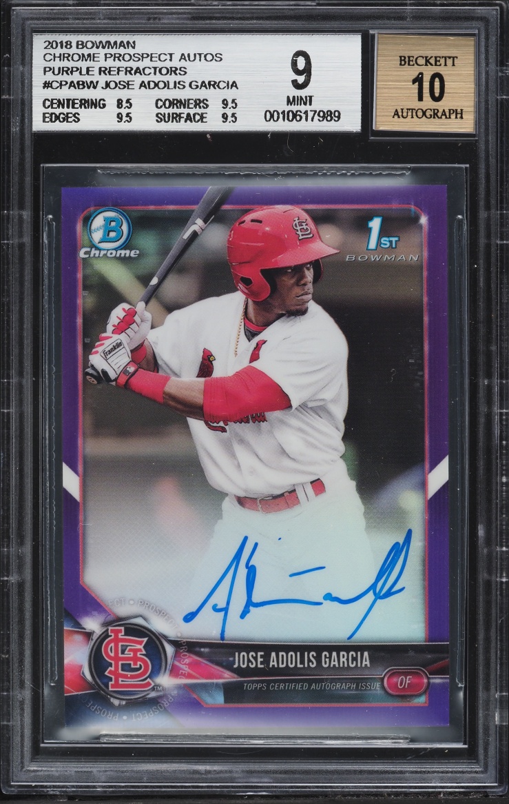 2018 Bowman Chrome Purple Refractor Jose Adolis Garcia PROSPECT AUTO /250 #CPA-BW BGS 9 MINT