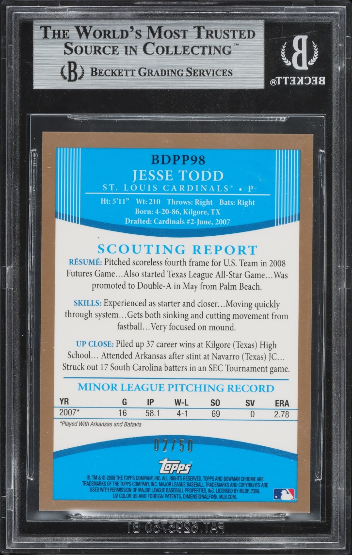 2008 Bowman Chrome Draft Gold Refractors Jesse Todd PROSPECT /50 #BDPP98 BGS 9 MINT