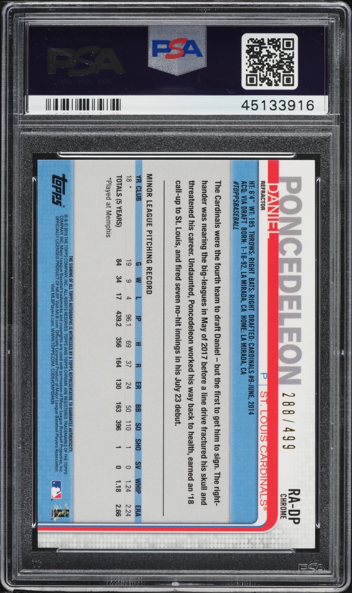 2019 Topps Chrome Refractor Daniel Poncedeleon ROOKIE AUTO /499 #RA-DP PSA 10 GEM MINT