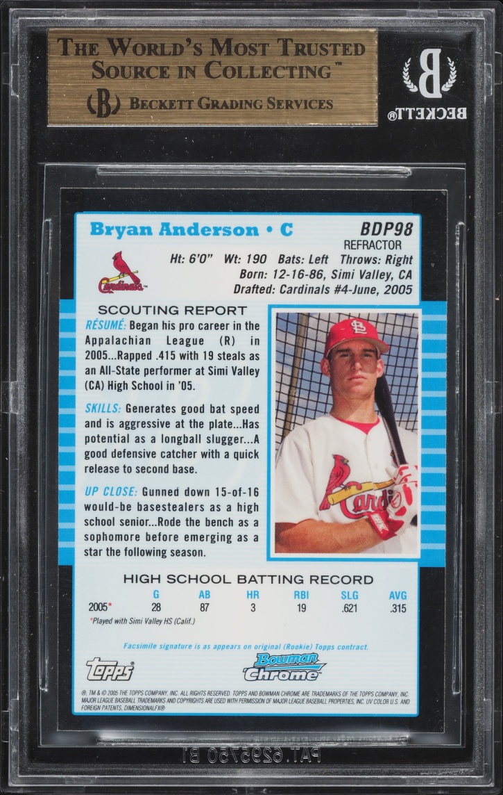2005 Bowman Chrome Draft Refractors Bryan Anderson Fy #98 BGS 9.5 GEM MINT