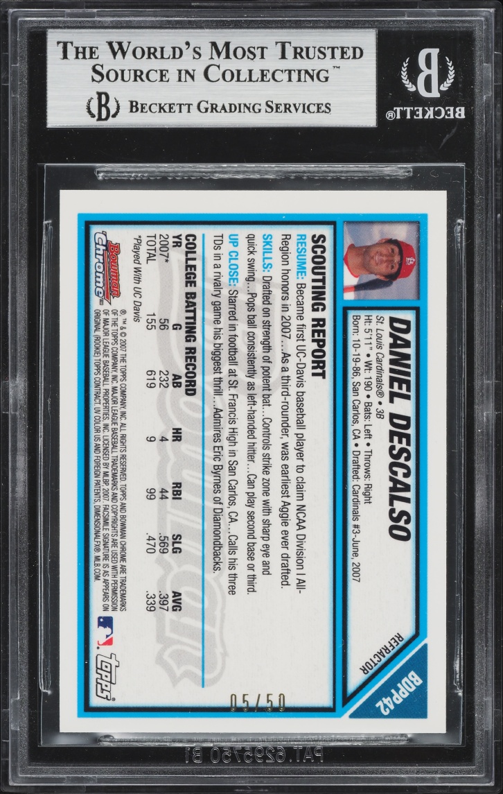 2007 Bowman Chrome Draft Picks Gold Refractor Daniel Descalso /50 #BDPP42 BGS 9 MINT