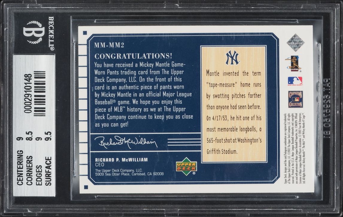2002 Upper Deck Plus Memorabilia Moments Uniform Mickey Mantle PATCH /25 #MM-MM2 BGS 9 MINT