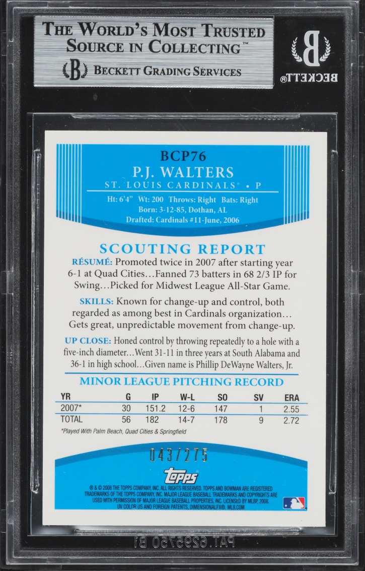 2008 Bowman Chrome Xfractor P.J. Walters PROSPECT /275 #BCP76 BGS 9 MINT