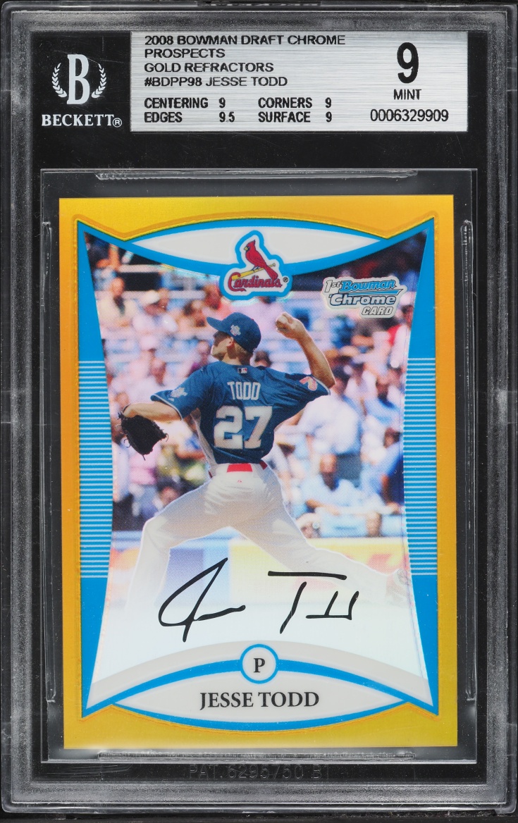 2008 Bowman Chrome Draft Gold Refractors Jesse Todd PROSPECT /50 #BDPP98 BGS 9 MINT