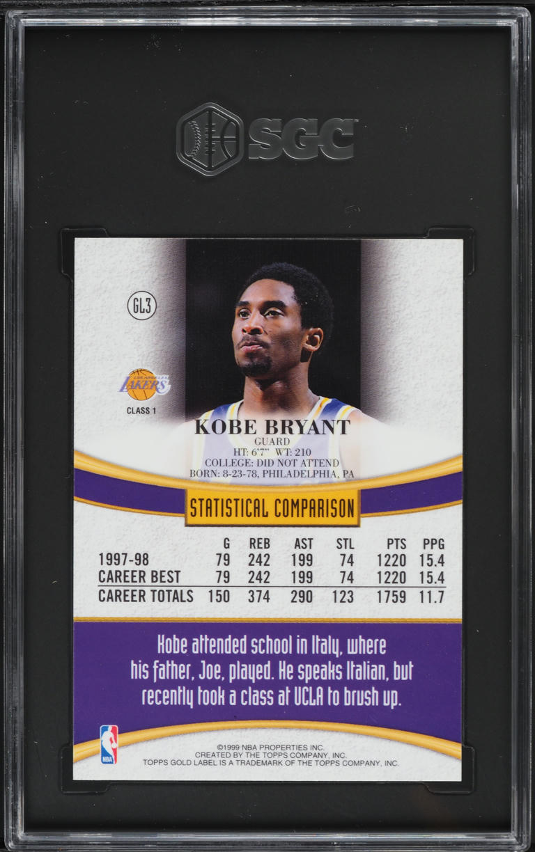 1998 Topps Gold Label Class 1 Kobe Bryant #GL3 SGC 9 MINT