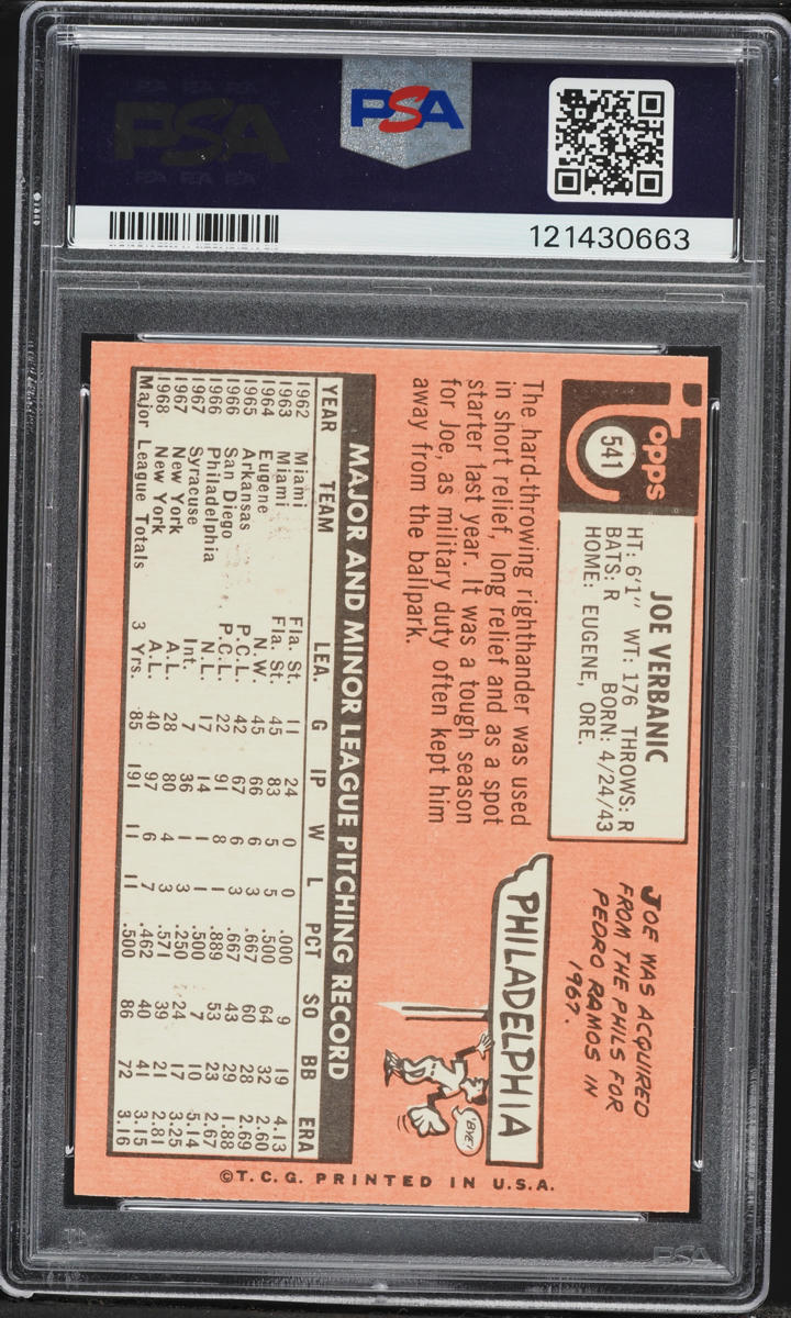1969 Topps Joe Verbanic #541 PSA 6 EXMT