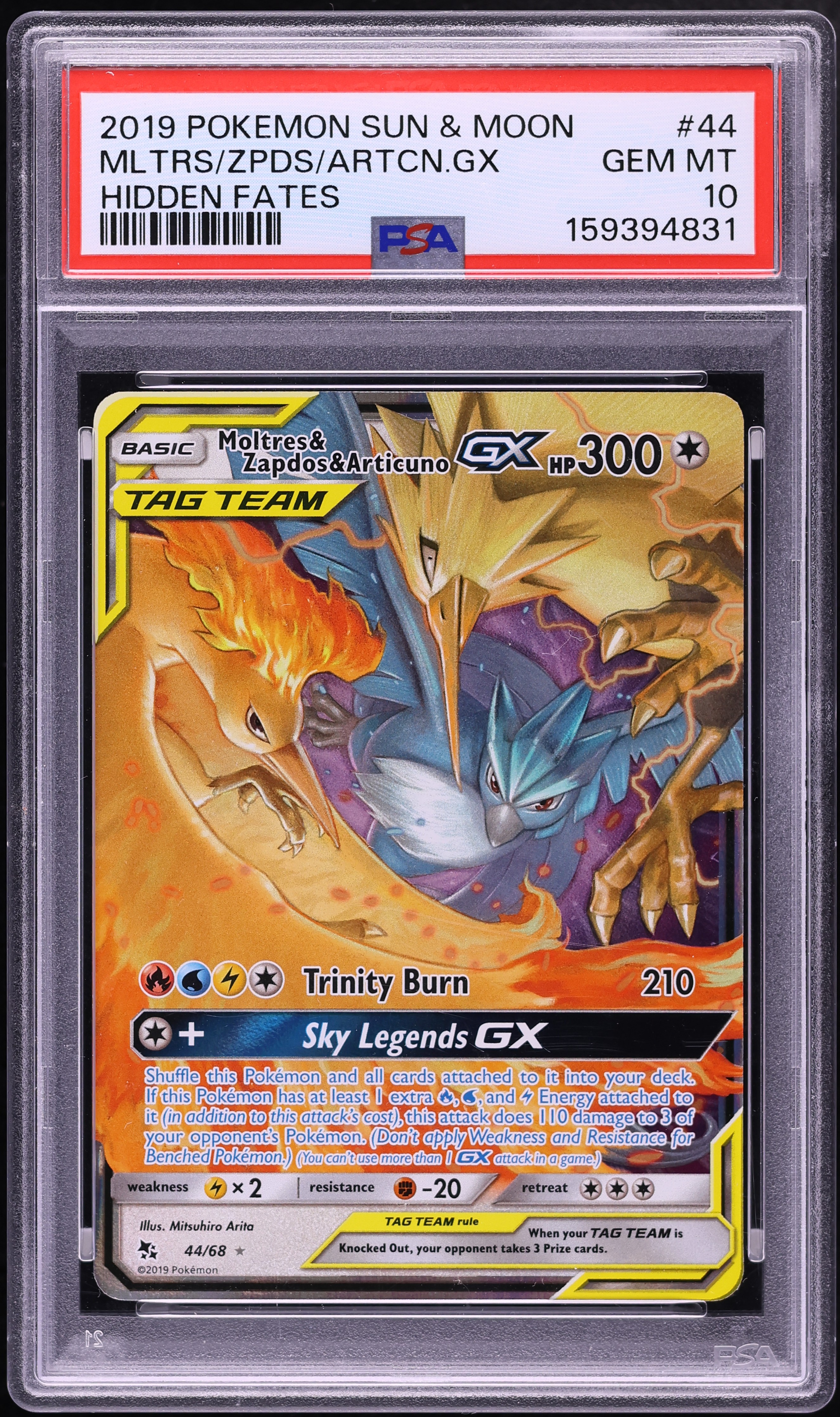 2019 Pokemon Sun & Moon Hidden Fates Holo Moltres & Zapdos & Articuno GX #44 PSA 10 GEM MINT