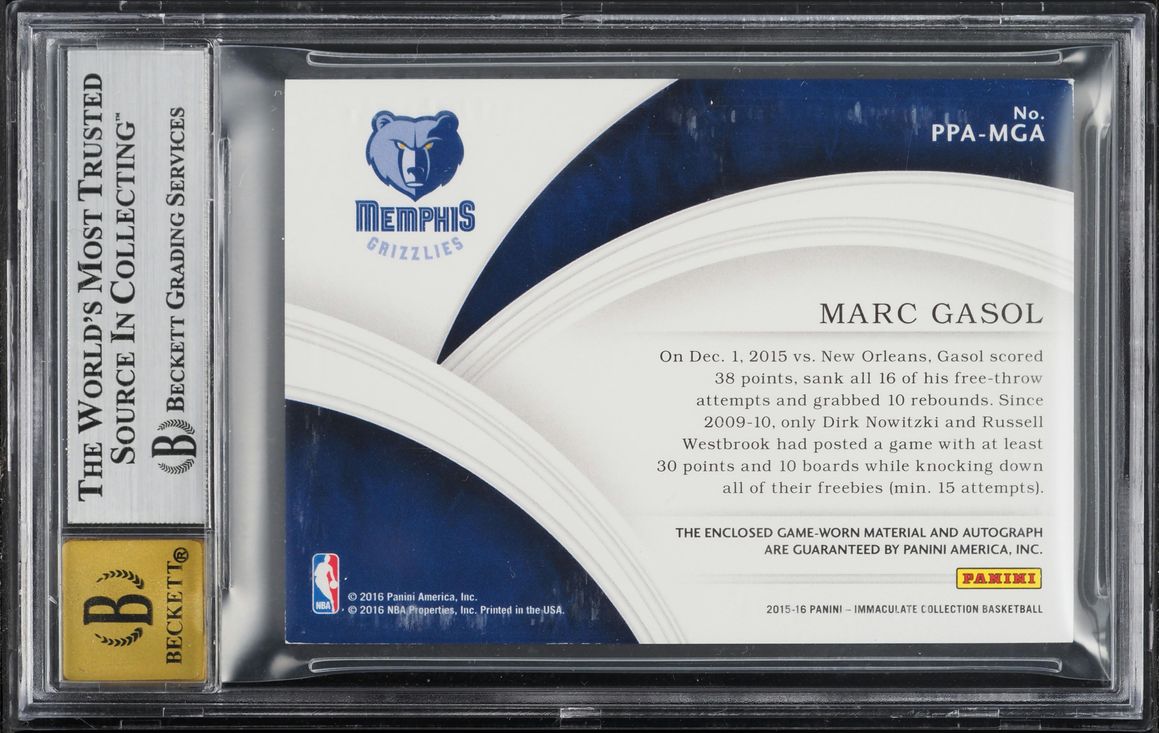 2015 Immaculate Collection Premium Platinum Marc Gasol PATCH AUTO 1/1 #PPA-MGA BGS 7.5 NRMT+