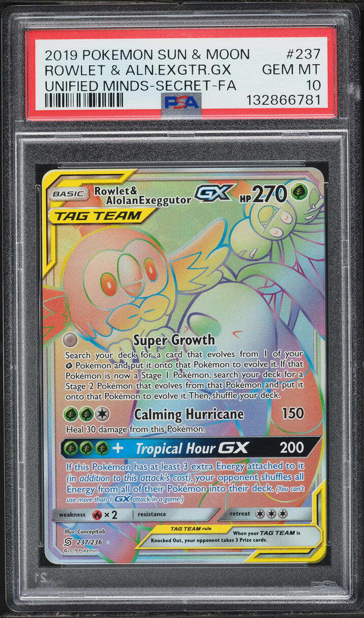 2019 Pokemon Sun & Moon Unified Minds Rainbow Rare Rowlet & Alolan Exeggutor GX #237 PSA 10 GEM