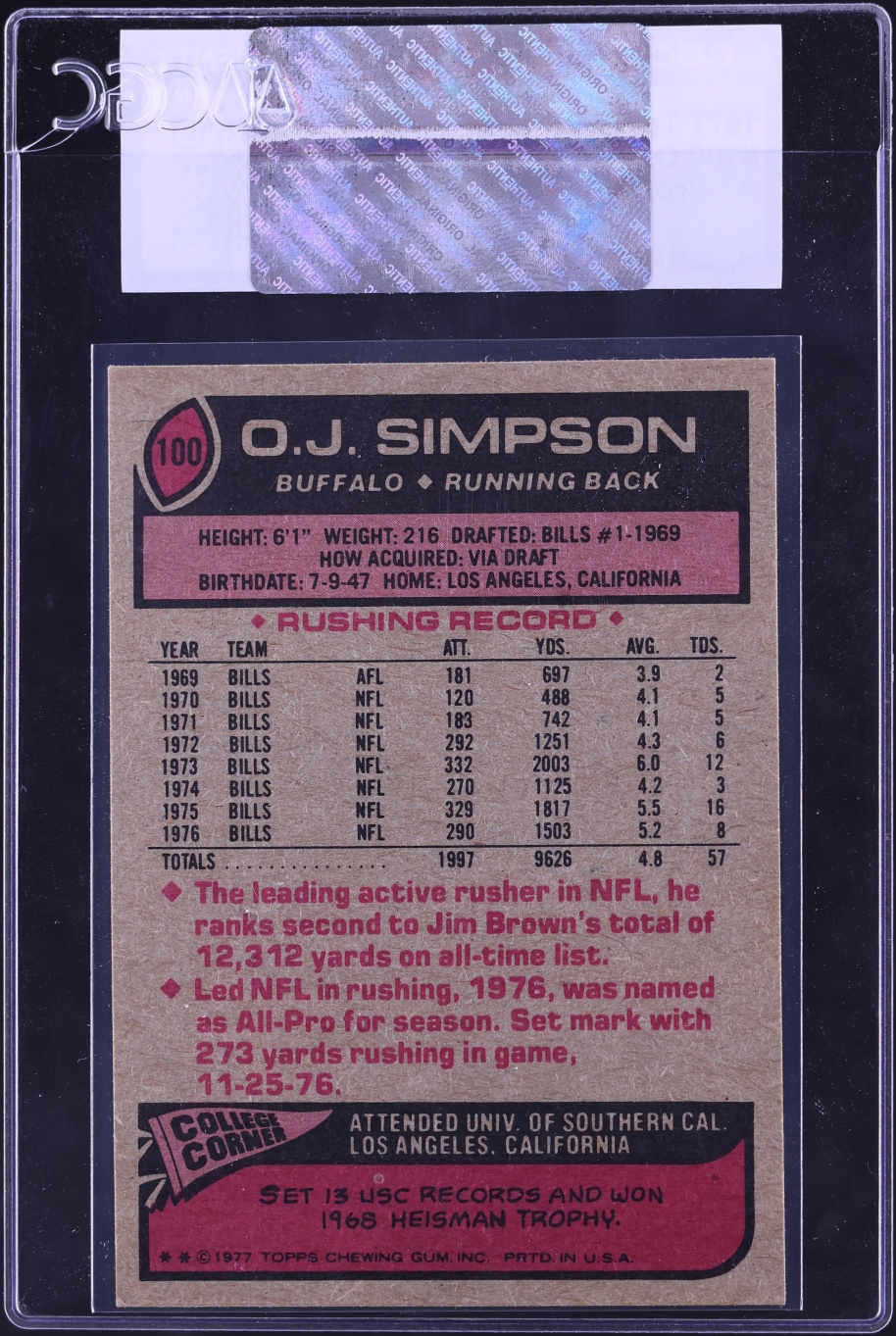 1977 Topps Football O.J. Simpson ALL-PRO #100 CGC AUTH