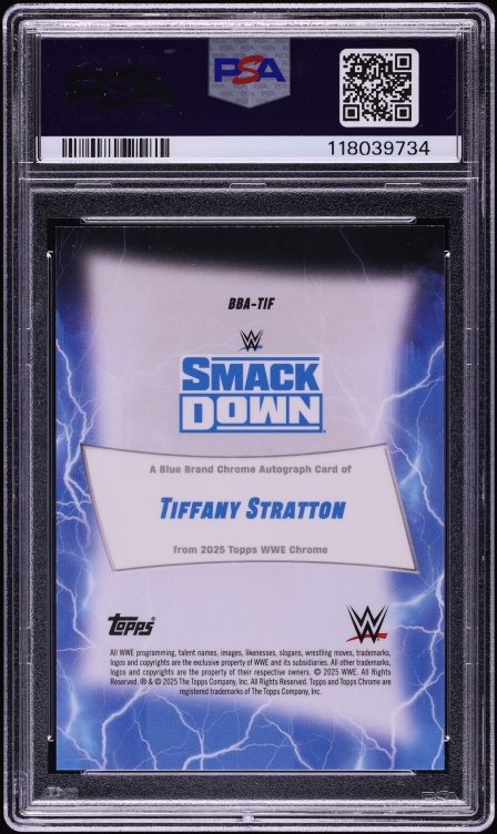 2025 Topps Chrome WWE Blue Brand Gold Geometric Tiffany Stratton AUTO /50 #TIF PSA 10 GEM MINT