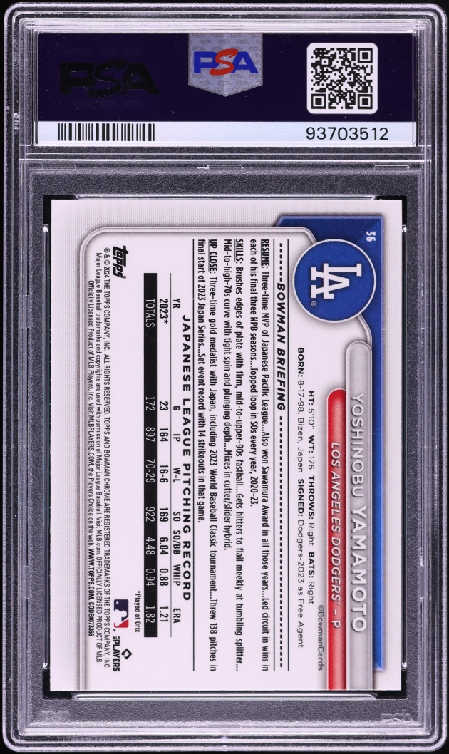 2024 Bowman Chrome Mega Box Yoshinobu Yamamoto ROOKIE #36 PSA 10 GEM MINT