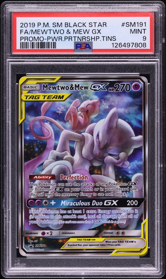 2019 Pokemon Sun & Moon Promo Power Partnership Tin Mewtwo & Mew GX #SM191 PSA 9 MINT