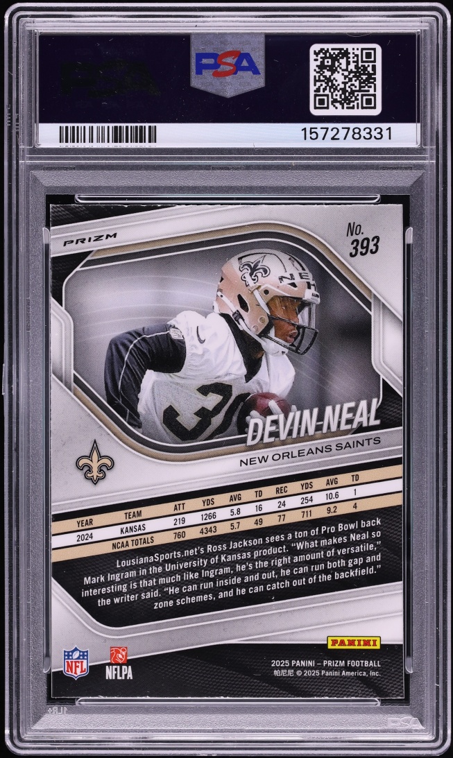 2025 Panini Prizm Neon Green Pulsar Devin Neal ROOKIE #393 PSA 9 MINT