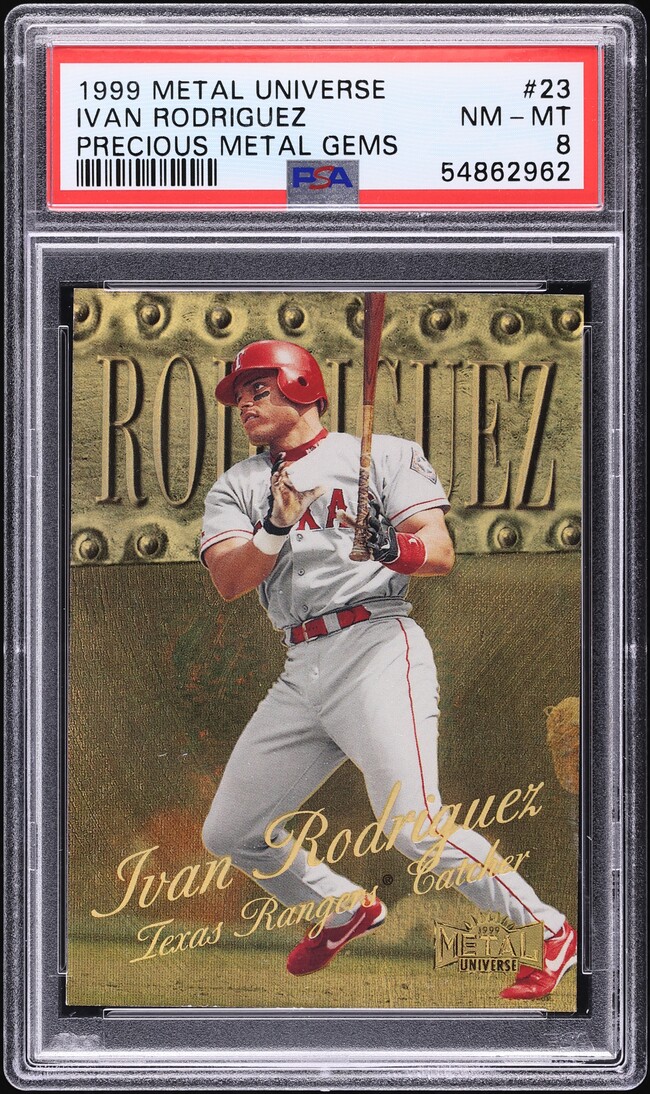 1999 Metal Universe Precious Metal Gems PMG Ivan Rodriguez /50 #23 PSA 8 NM-MT - Photo 1