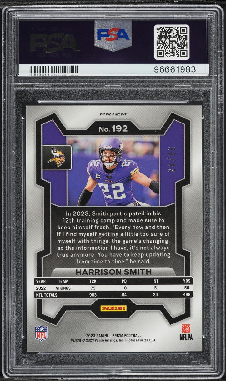2023 Panini Prizm Blue Sparkle Harrison Smith /96 #192 PSA