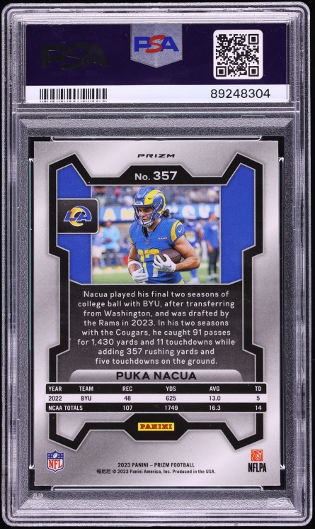 2023 Panini Prizm Silver Puka Nacua ROOKIE #357 PSA 9 MINT