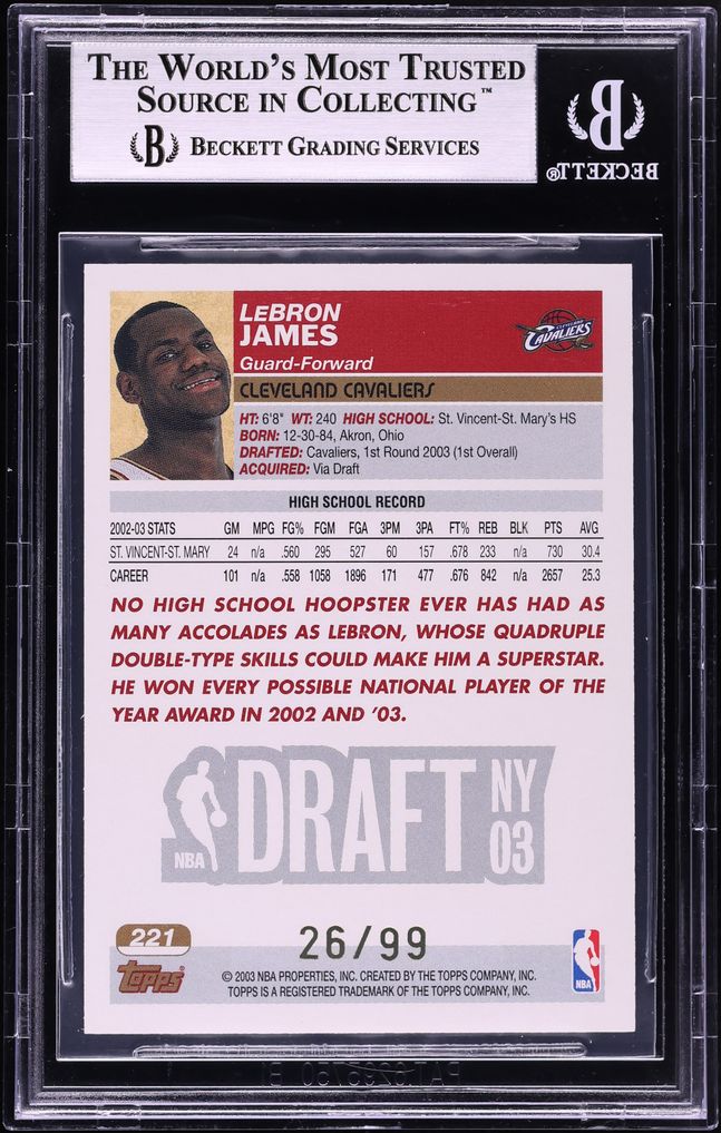 2003 Topps Gold LeBron James ROOKIE /99 #221 BGS 9 MINT