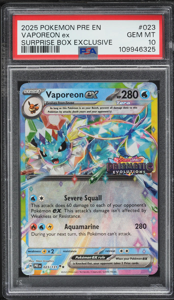2025 Pokemon SV Prismatic Evolutions Surprise Box Vaporeon ex #23 PSA 10 GEM