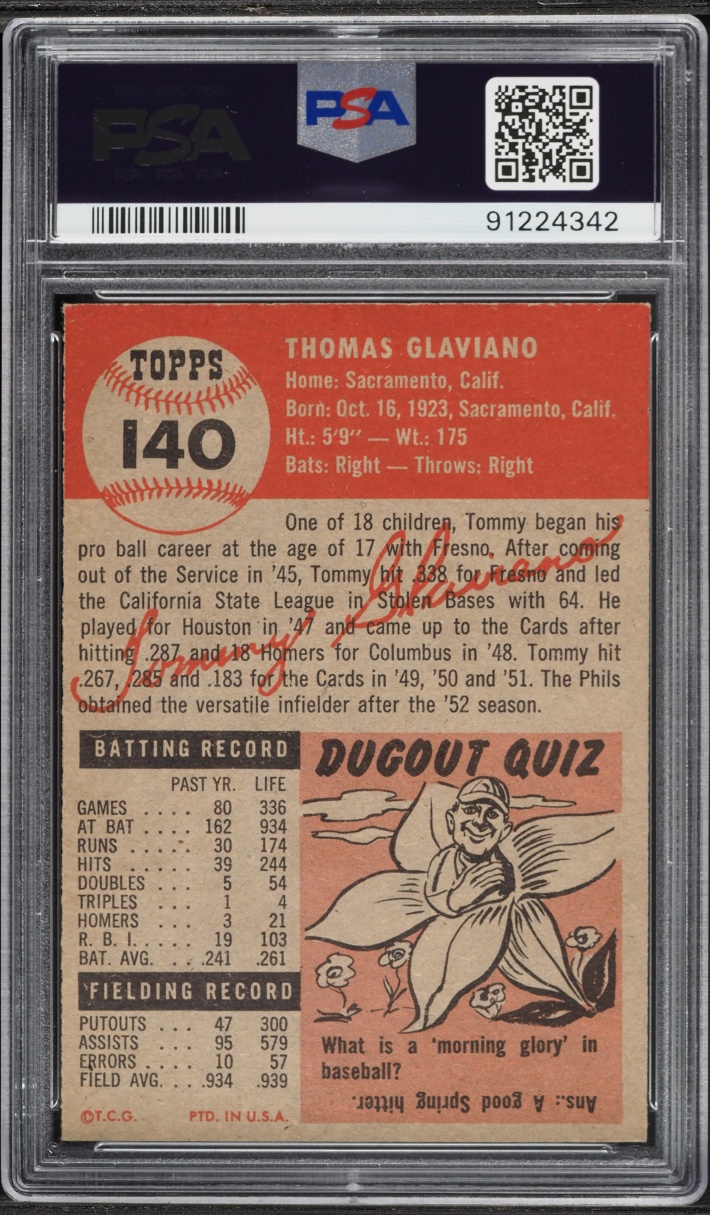 1953 Topps Tommy Glaviano SHORT PRINT #140 PSA 7 NRMT