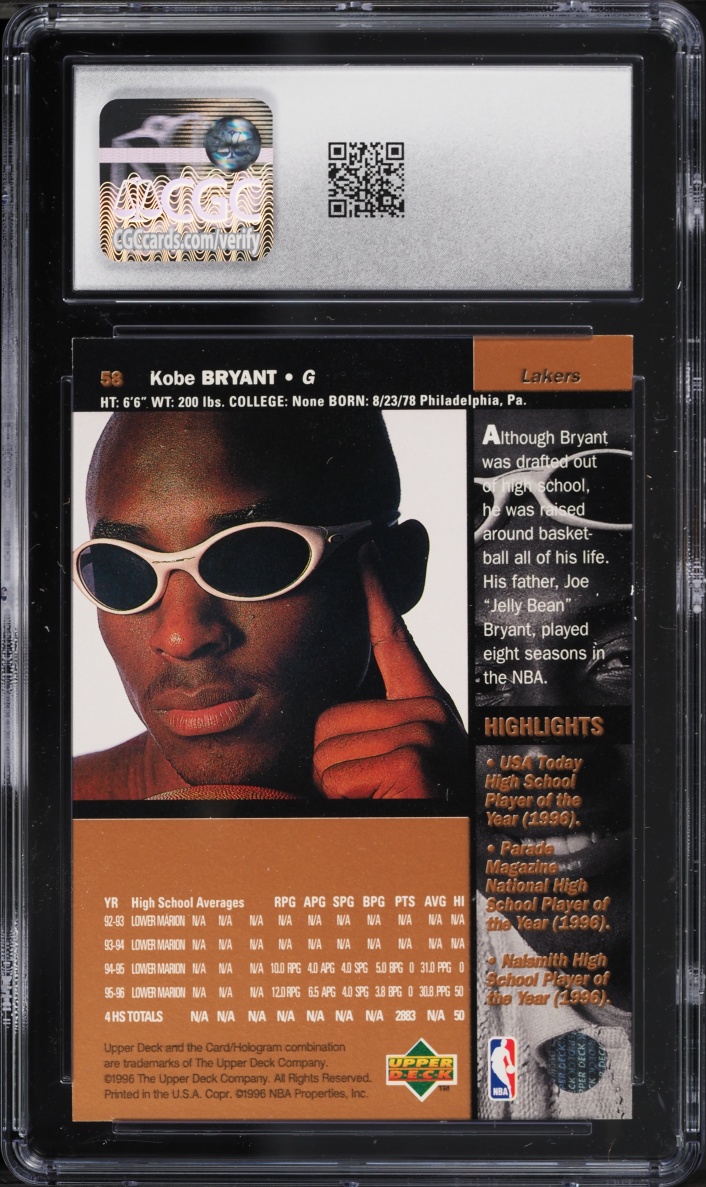 1996 Upper Deck Basketball Kobe Bryant ROOKIE #58 JSA CGC 9 MINT