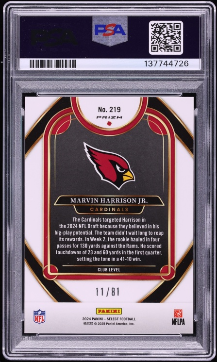2024 Select Club Level Dragon Scale Prizm Marvin Harrison Jr. ROOKIE /81 #219 PSA 10 GEM MINT - Photo 2