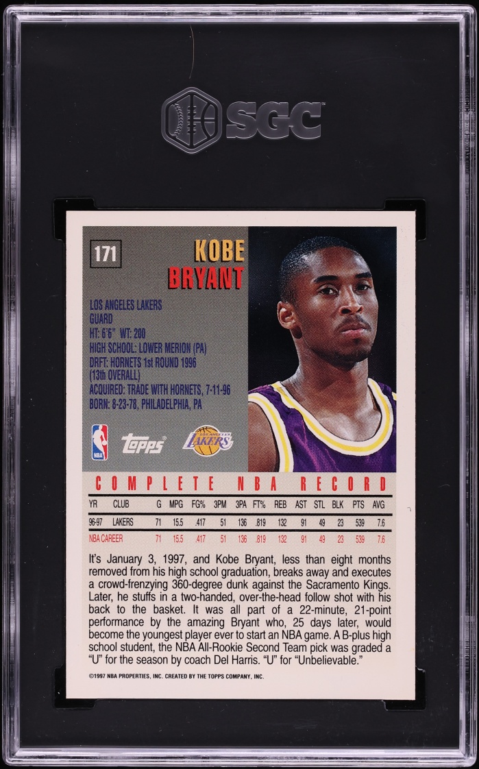 1997 Topps Basketball Kobe Bryant #171 SGC 8 NM-MT
