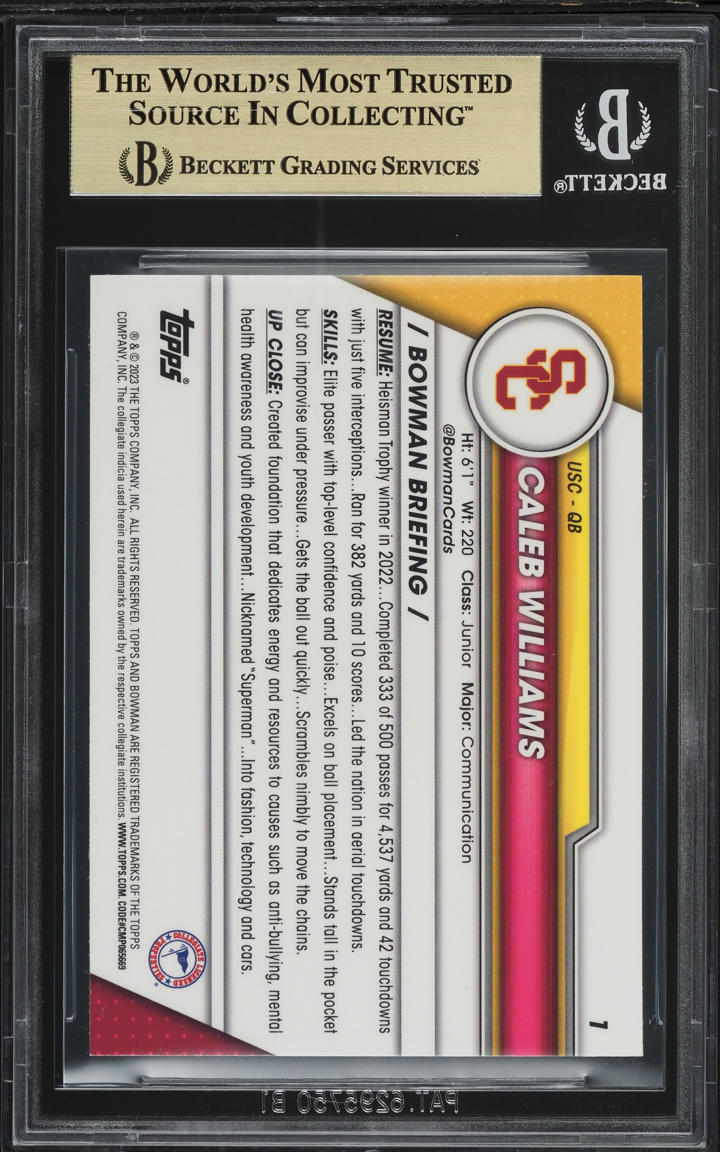 2023 Bowman Chrome University Pink Refractor Caleb Williams RC #1 BGS 9.5 GEM