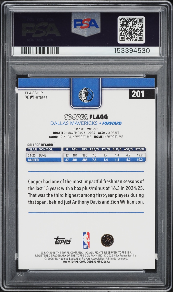2025 Topps Basketball Cooper Flagg ROOKIE #201 PSA 8 NM-MT