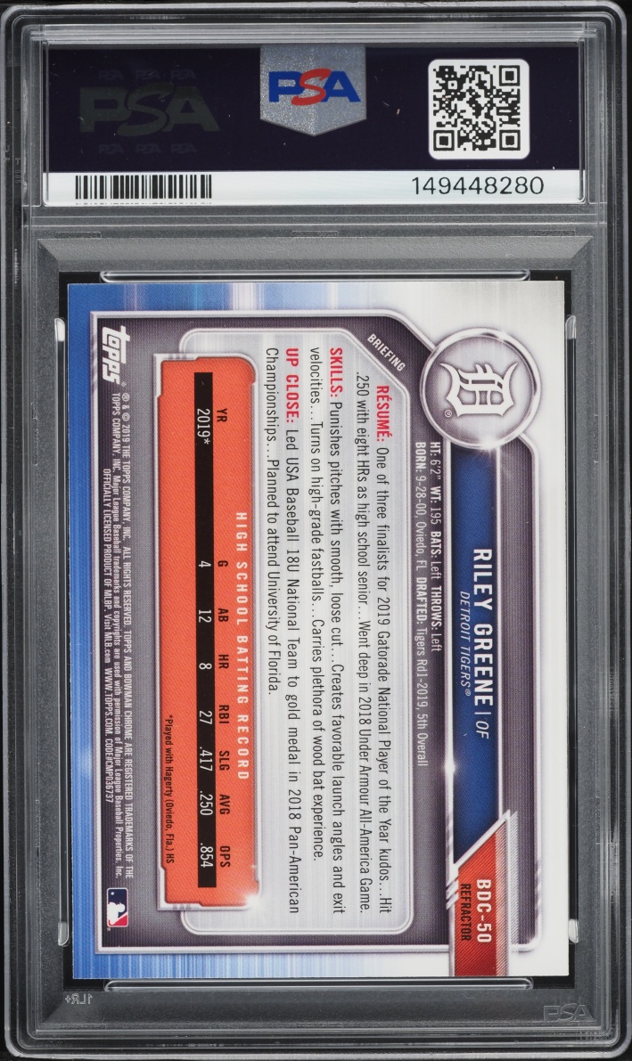 2019 Bowman Chrome Draft w/ Bat Refractor Riley Greene PROSPECT #BDC-50 PSA 10 GEM MINT