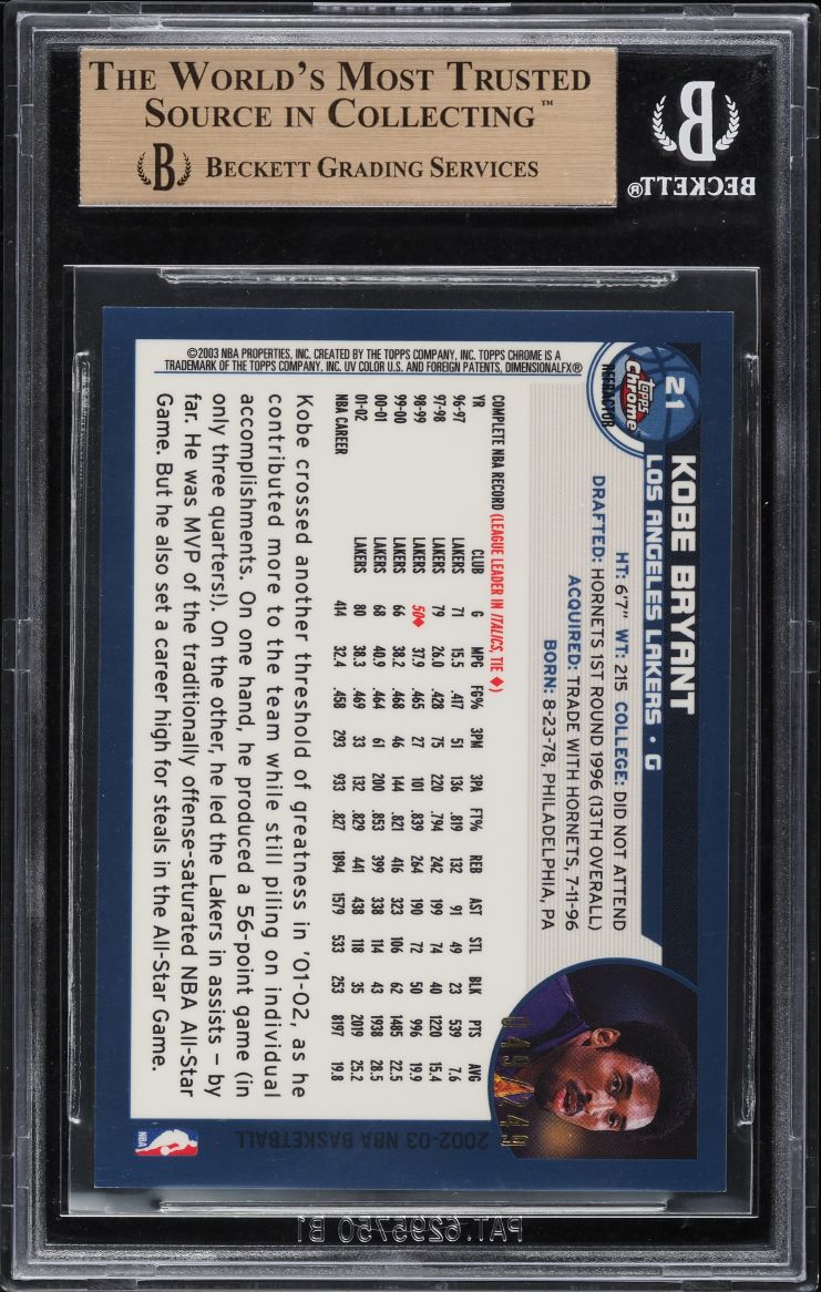 2002 Topps Chrome White Refractor Kobe Bryant /249 #21 BGS 9.5 GEM MINT