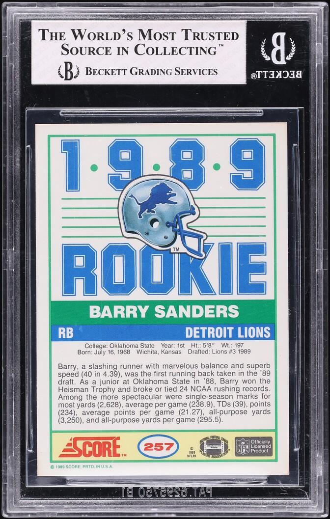 1989 Score Football Barry Sanders ROOKIE #257 BGS 8 NM-MT