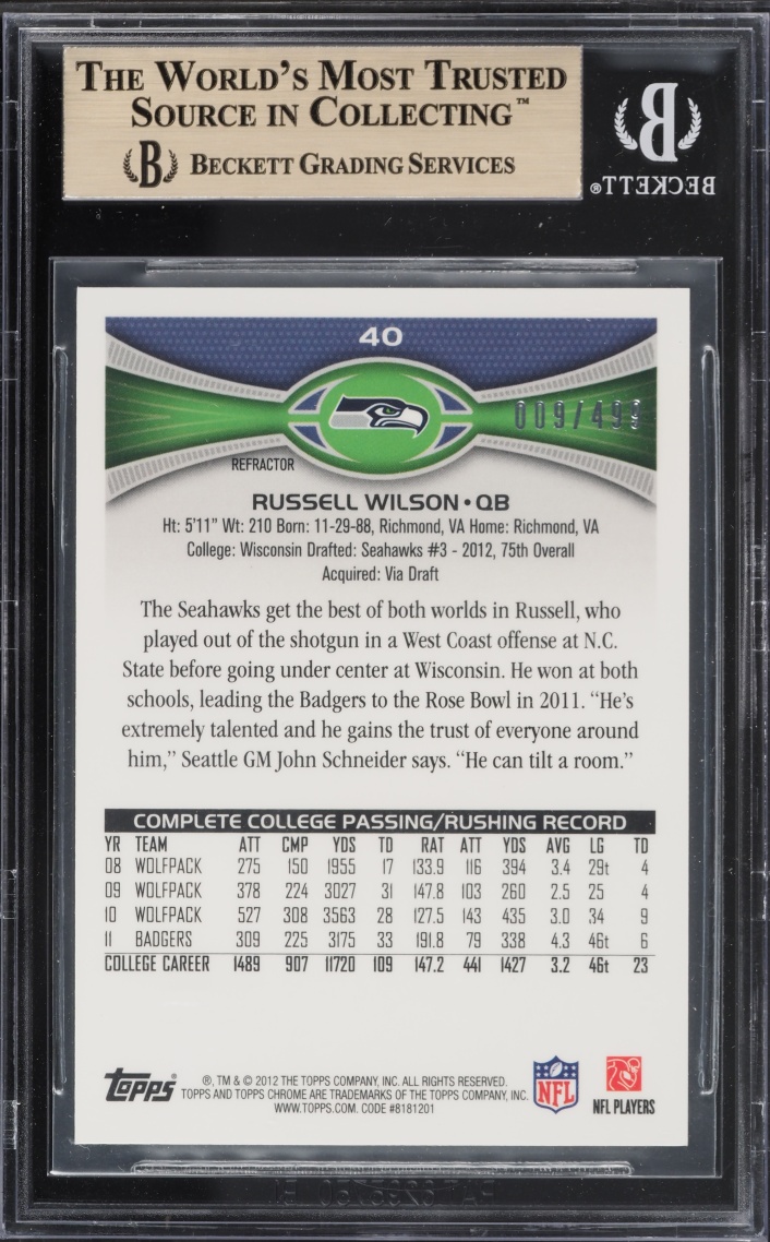 2012 Topps Chrome Camo Refractor Russell Wilson ROOKIE /499 #40 BGS 9.5 GEM MINT