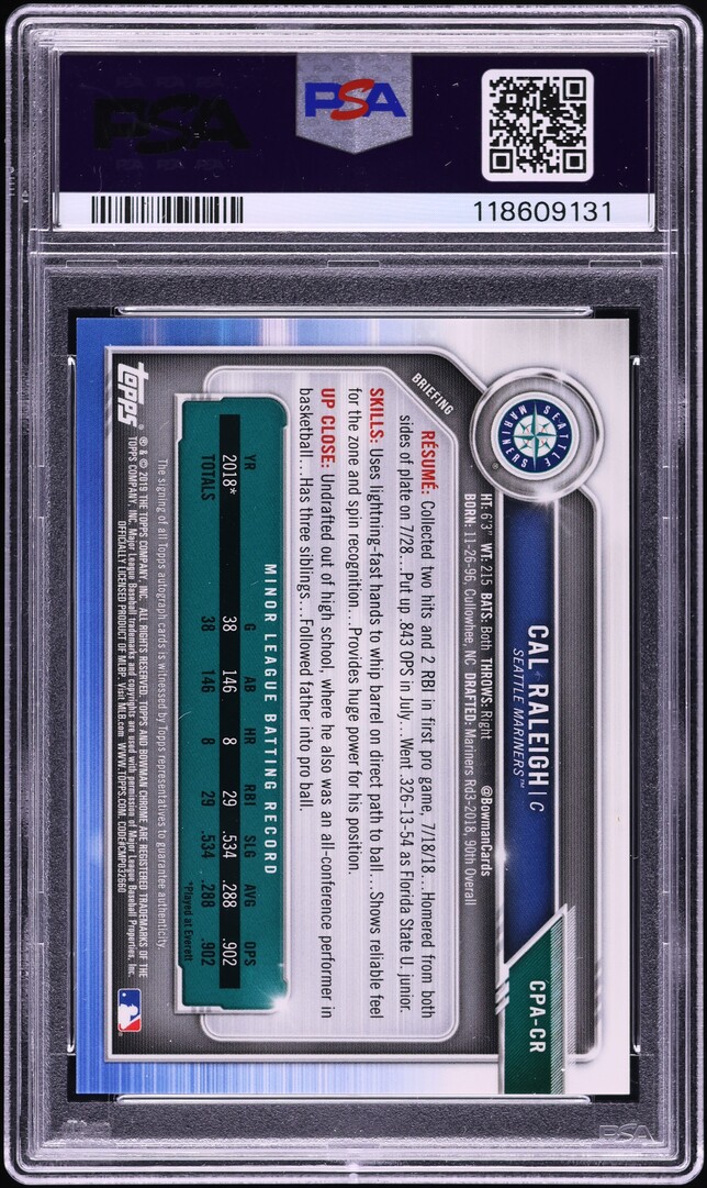2019 Bowman Chrome Red Refractor Cal Raleigh PROSPECT AUTO 5/5 PSA 10 GEM MINT
