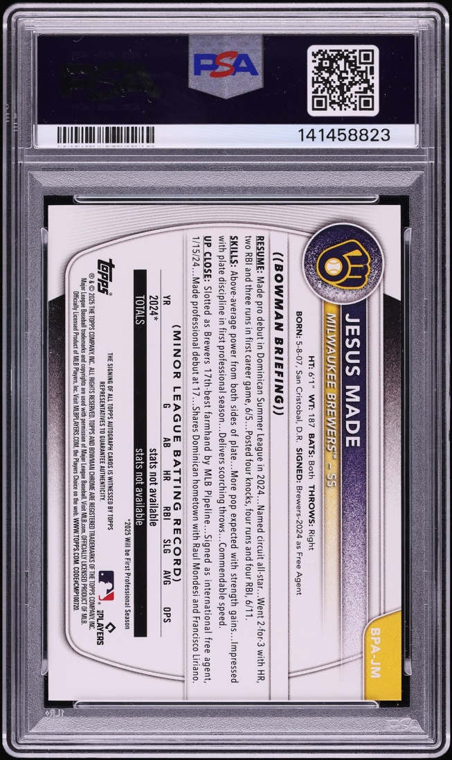 2025 Bowman Gold Jesus Made PROSPECT AUTO /50 #BPA-JM PSA 10 GEM MINT