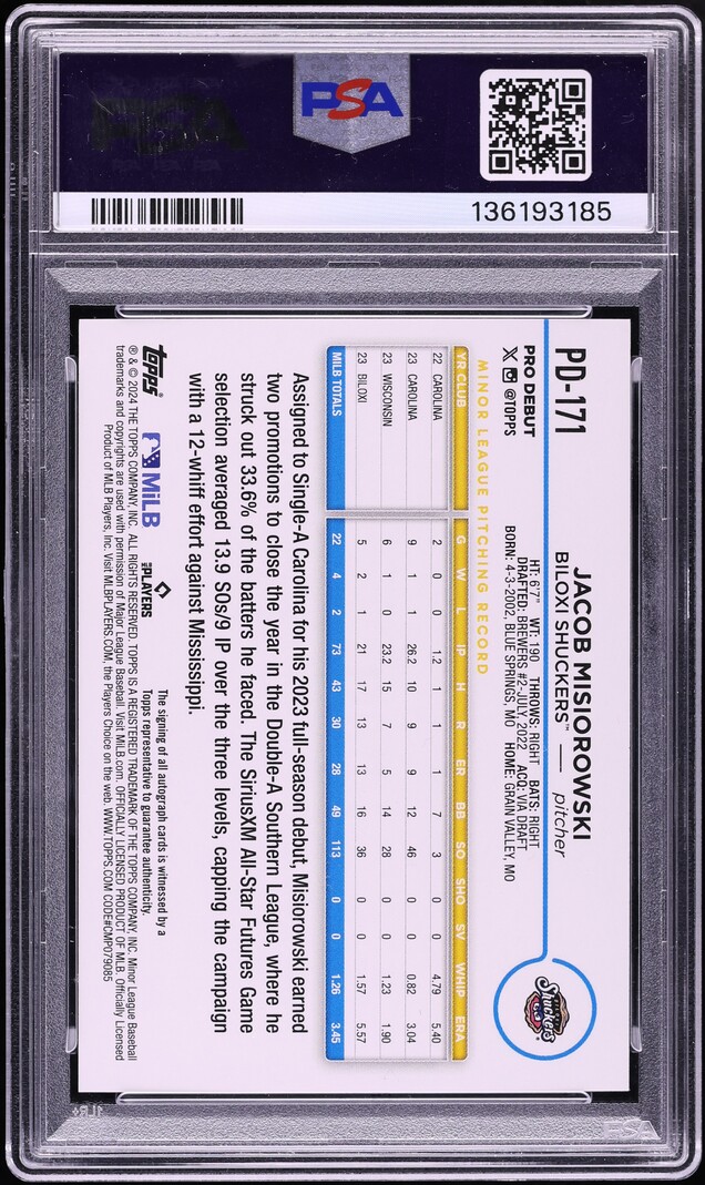 2024 Topps Pro Debut Jacob Misiorowski PROSPECT AUTO DNA 10 #PD171 PSA 10 GEM MINT