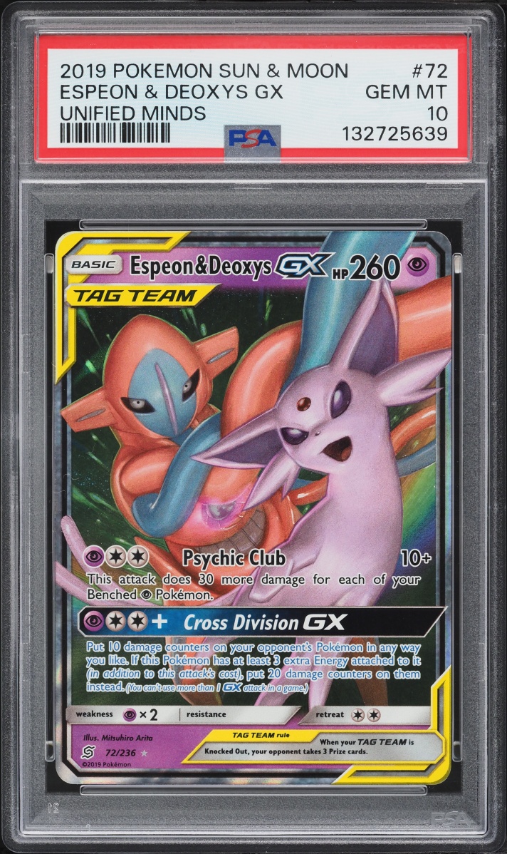 2019 Pokemon Sun & Moon Unified Minds Alt Art Espeon & Deoxys GX #72 PSA 10 GEM MINT