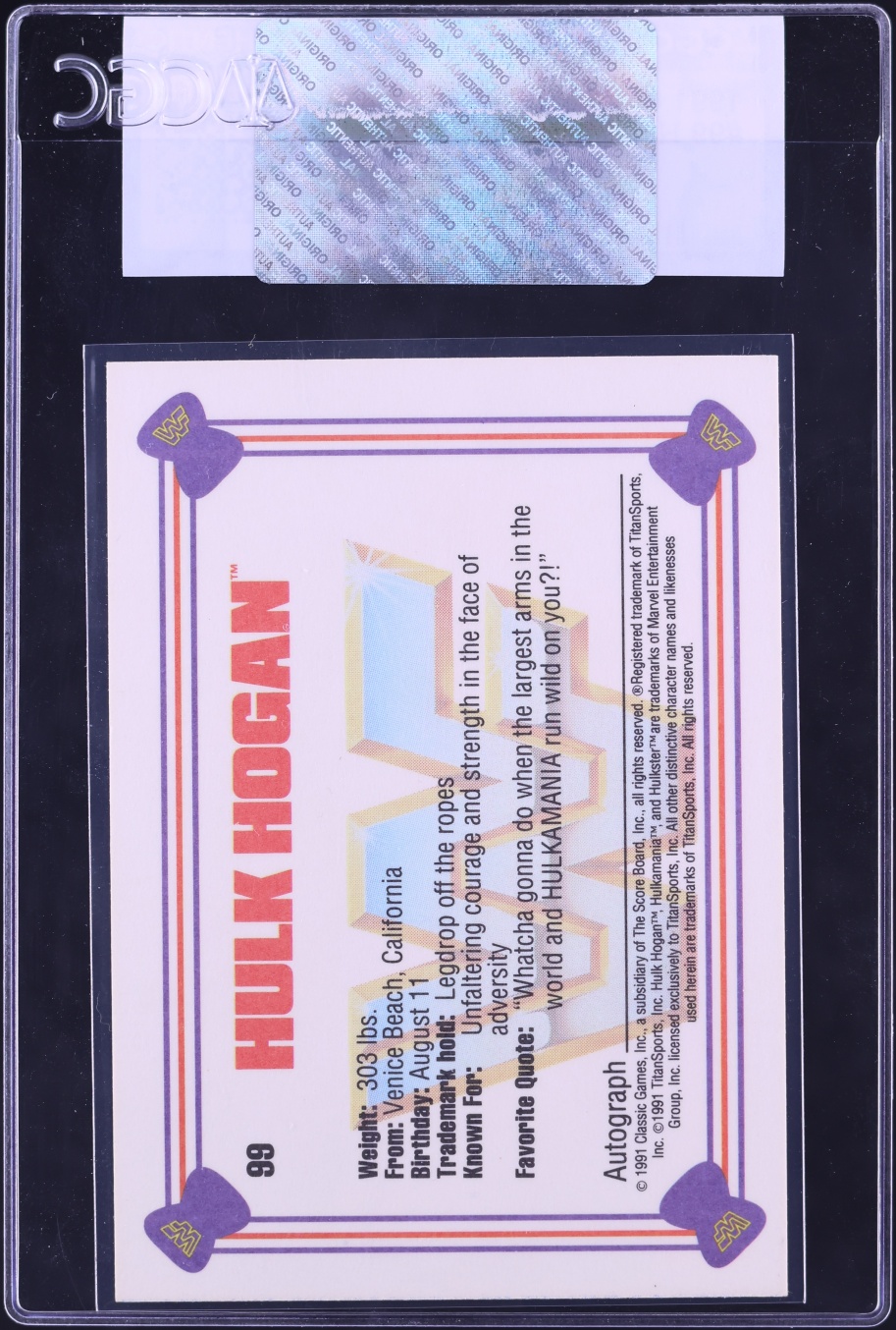 1991 Classic WWF Wrestling Hulk Hogan #99 CGC AUTH