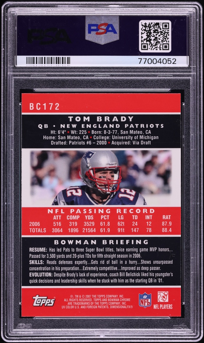 2007 Bowman Chrome Tom Brady #BC172 PSA 10 GEM MINT - Photo 2
