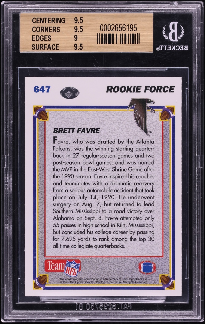 1991 Upper Deck Football Brett Favre ROOKIE #647 BGS 9.5 GEM MINT - Photo 2